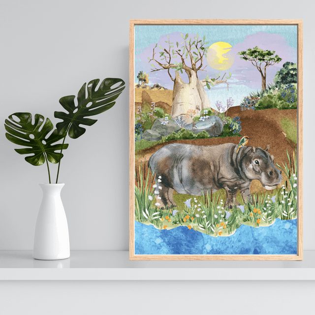 Impression d'Hippopotame dans la Nature Sauvage Africaine - Décoration Exotique / Hippopotamus in African Wilderness Art Print - Exotic Wall Decor