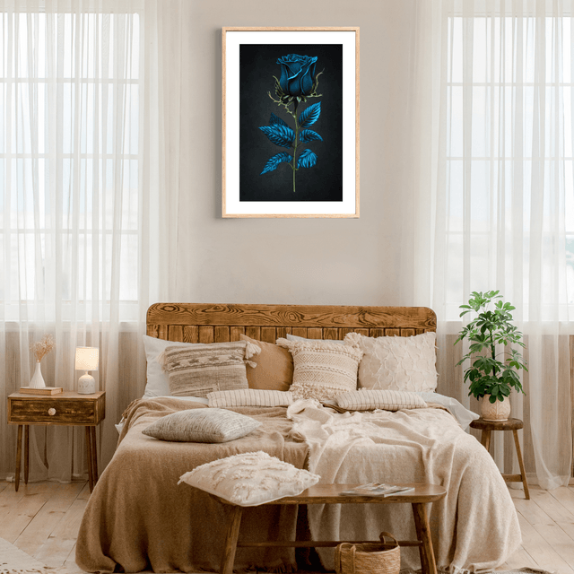Rose Bleu-Vert sur Fond Gris Ombragé / Blue-Green Rose on Shady Gray Background: Décoration Murale Elegance in Contrast