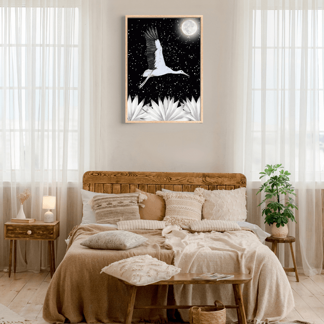 Impression de Cigogne Blanche Volant sous la Pleine Lune - Art Majestueux  / White Stork Flying under the Full Moon Print - Majestic Bird Art 