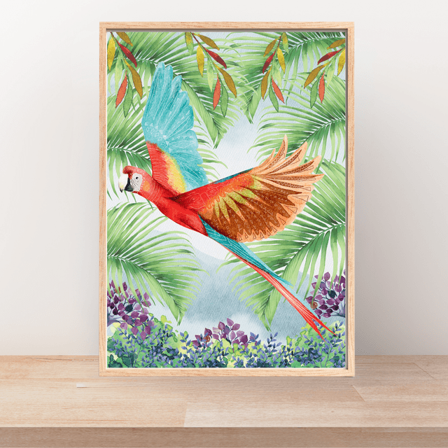 Impression d'Ara Rouge Volant à Travers la Forêt Tropicale - Art Exotique / Scarlet Macaw Flying Through Tropical Forest Print - Exotic Bird Art 