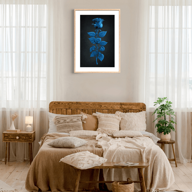 Rose Bleue avec Tige Feuillue Luxuriante / Blue Rose with Lush Leafy Stem: Décoration Murale Murmures de la Natureon 