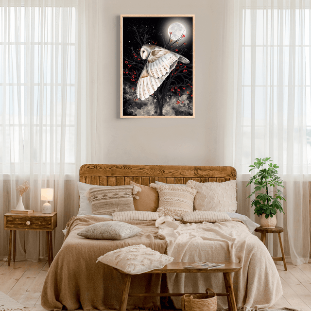 Impression Hibou en Vol dans une Nuit Étoilée Illuminée par la Lune -Deco Nocturne / Flying Owl in a Moonlit Starry Night Print - Nocturnal Decor