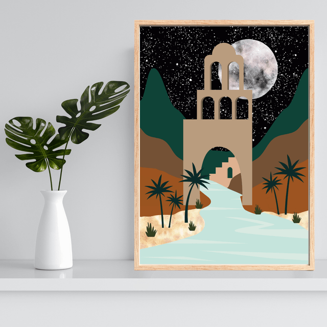 Impression d'Art Oasis du Désert au Clair de Lune – Décoration Murale Nocturne  / Moonlit Desert Oasis Art Print – Nighttime Scenic Wall Decor 
