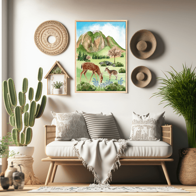 Impression Cerfs Mangeant de l'Herbe dans la Forêt - Art Paysage / Deer Grazing in Forest with Mountain View - Wildlife Landscape Art Print