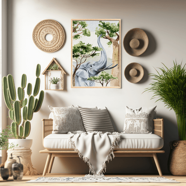 Impression d'Éléphant Attrapant une Branche dans la Savane - Décoration Sauvage / Elephant Reaching for a Branch Art Print - Savannah Wildlife Decor