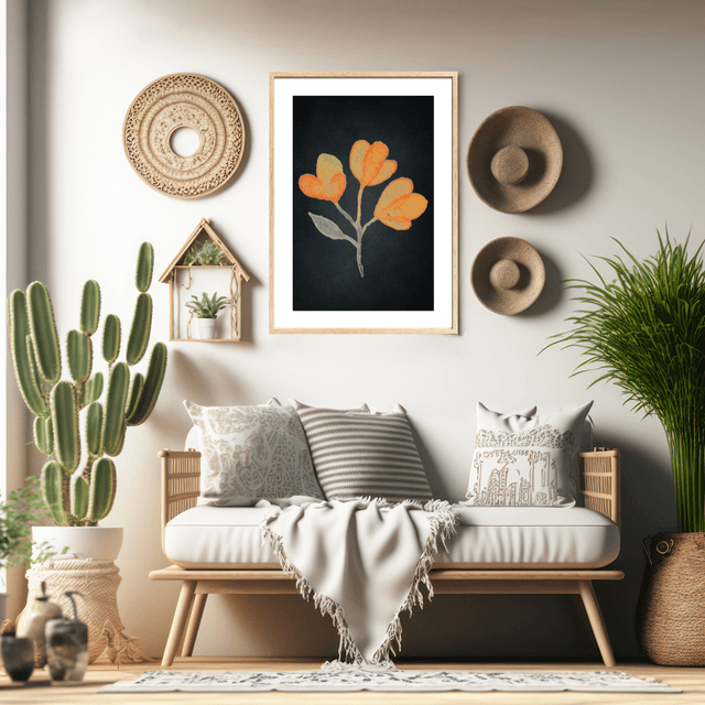 Impression Art Aquarelle de Fleurs Jaunes de Lysimaque - Fond Noir avec Bordure Blanche / Yellow Loosestrife Flowers Watercolor Art Print 