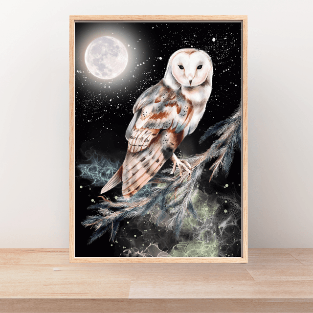 Impression Hibou sur Branche - Nuit Étoilée - Décoration Murale Nocturne / Owl on Branch - Starlit Night Print - Nocturnal Wall Decor