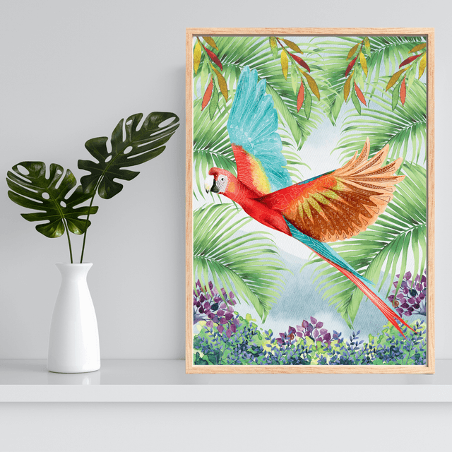 Impression d'Ara Rouge Volant à Travers la Forêt Tropicale - Art Exotique / Scarlet Macaw Flying Through Tropical Forest Print - Exotic Bird Art 