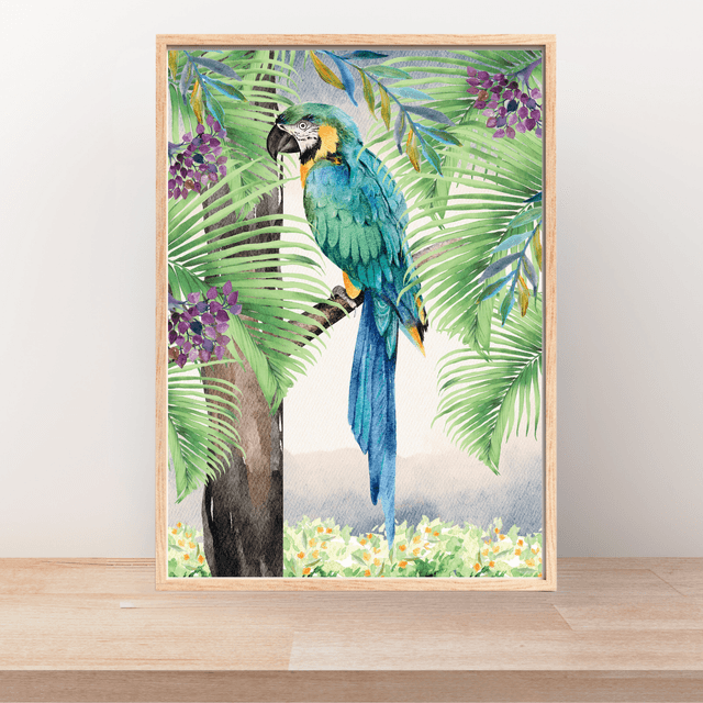 Impression d'Ara Bleu Perché sur un Arbre dans la Forêt Tropicale - Art Exotique / Blue Macaw Perched on  Tree in Tropical Forest Print - Exotic Art