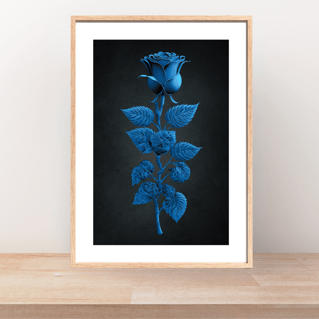 Rose Bleue avec Tige Feuillue Luxuriante / Blue Rose with Lush Leafy Stem: Décoration Murale Murmures de la Natureon 