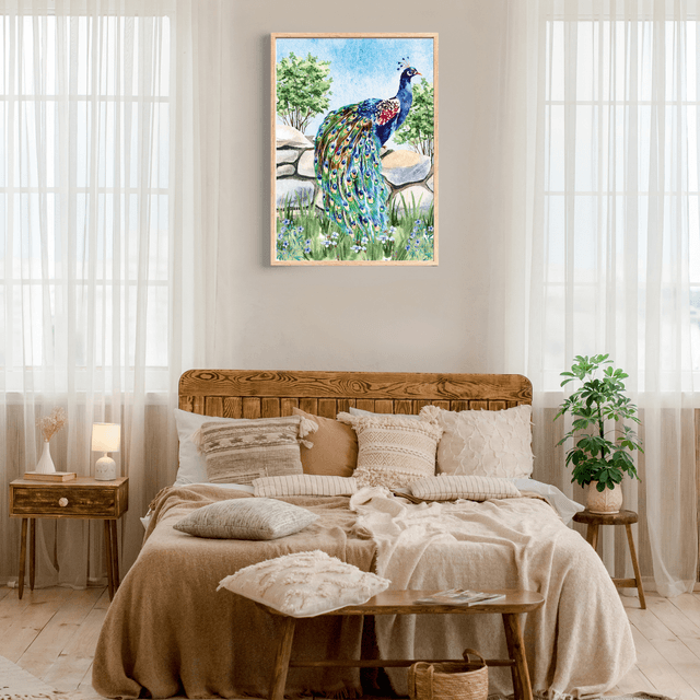 Impression de Paon Debout sur un Mur de Pierre - Décoration Murale Élégante / Peacock Standing on a Stone Wall Print - Elegant Wall Decor