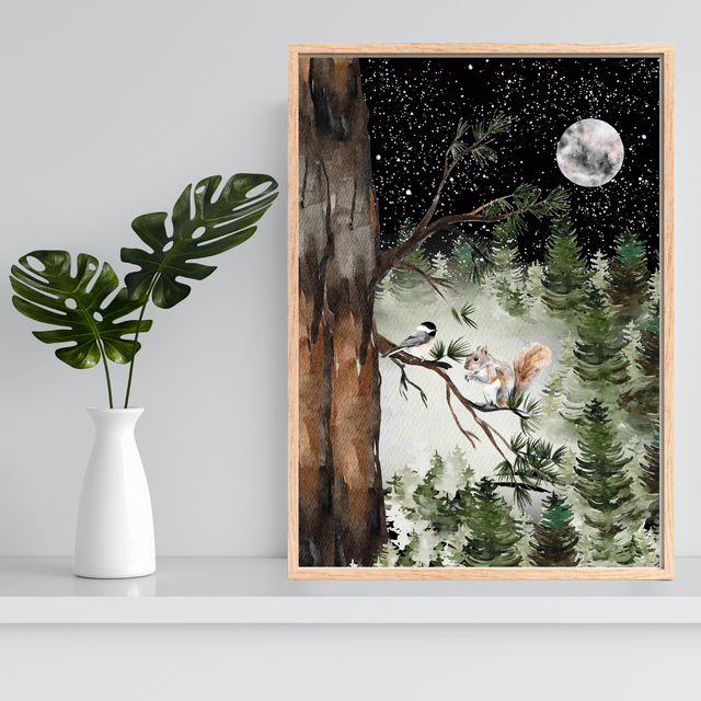 Harmonie : Rencontre d'un Écureuil et d'un Oiseau sous la Lumière de la Lune / Harmony: Squirrel and Bird Meeting under Moonlight Print