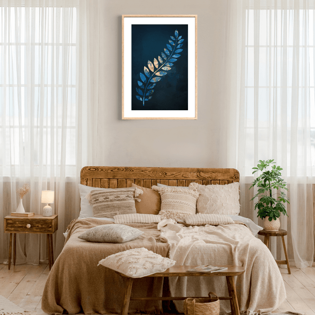 Impression Feuille Tropicale Dorée & Bleue - Décoration Murale Exotique / Golden & Blue Tropical Leaf Art Print - Exotic Wall Decor