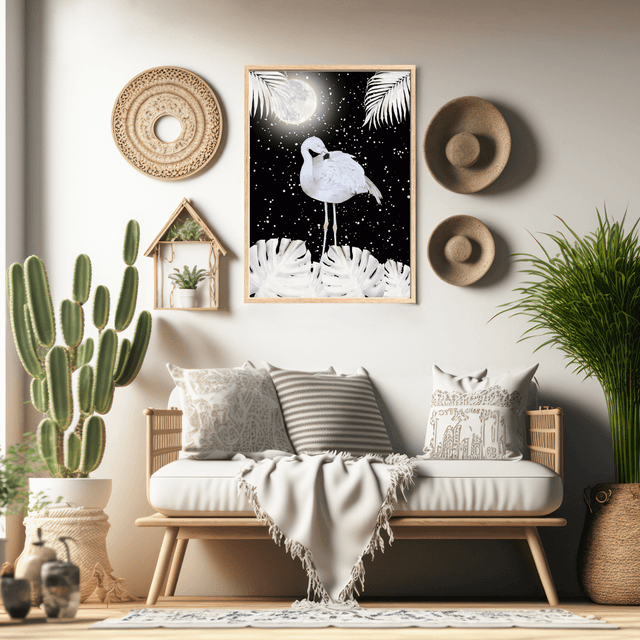 Impression de Flamant Blanc sous Pleine Lune dans un Nuit Étoilée -Art Élégant / White Flamingo Under a Full Moon in a Starry Night Print -Elegant Art