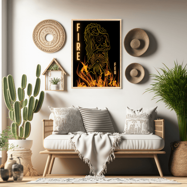 Impression Art Linéaire Féminin Élément Feu - Femme Enveloppée de Flammes / Fire Element Female Line Art Print - Woman Surrounded by Flames