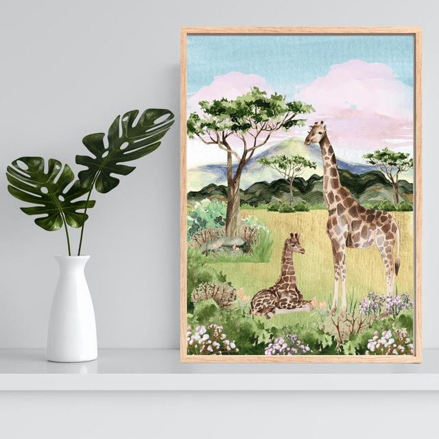 Impression Girafe Reposant dans une Savane Fleurie - Décoration Murale Nature / Giraffe Resting in a Flowered Savanna Print - Nature Wall Decor