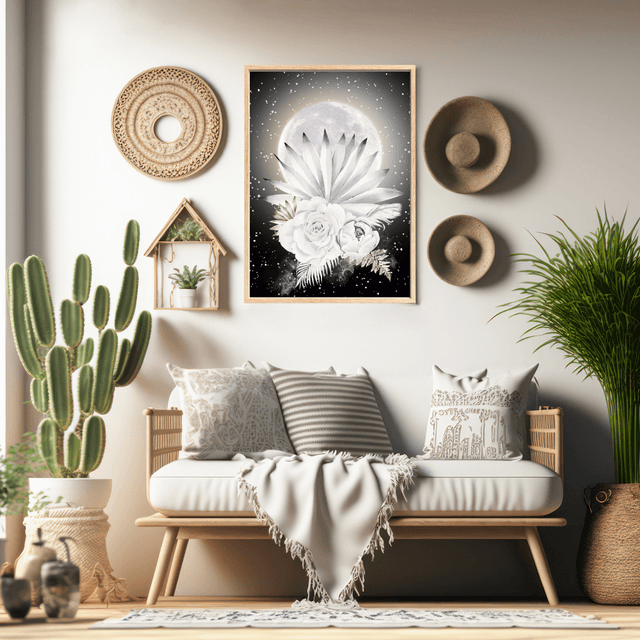 Impression de Bouquet de Fleurs Blanches Botaniques sous Pleine Lune - Art Floral / Botanical White Flower Bouquet Under Full Moon Print - Floral Art 