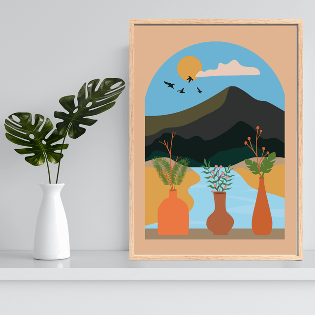 Impression d'Art Paysage Bohème de Rivière Vue de Fenêtre / Window View Boho River Landscape Art Print – Tranquil Nature Decor 