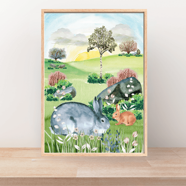 Impression Lapins Jouant dans un Magnifique Champ - Décoration Murale Champêtre / "Bunnies Playing in a Beautiful Field Print - Rustic Wall Decor