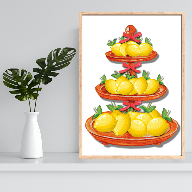 Impression d'Art Plateau de Citrons avec Ruban Rouge - Décoration Maison Stylée  / Red Ribbon Lemons Tray Art Print - Stylish Home Decor 