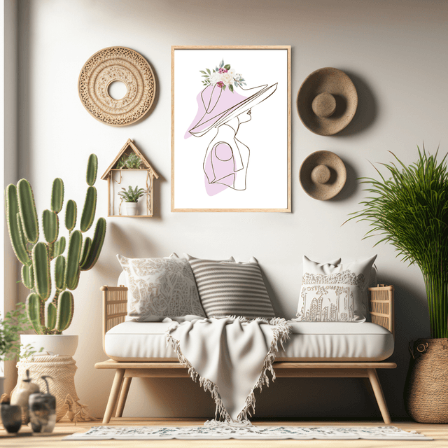  Élégant Art Linéaire Rose Pastel - Dame au Chapeau - Art Mural Moderne / Elegant Pastel Pink Line Art - Lady in Hat - Modern Wall Art 