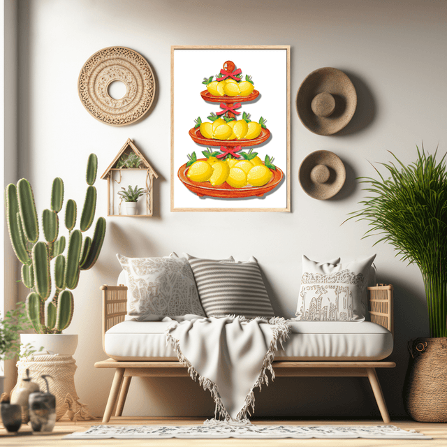Impression d'Art Plateau de Citrons avec Ruban Rouge - Décoration Maison Stylée  / Red Ribbon Lemons Tray Art Print - Stylish Home Decor 