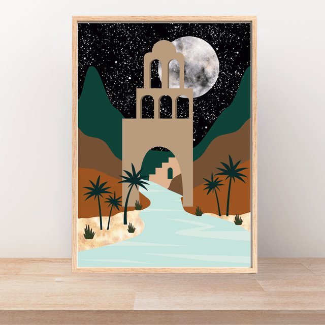 Impression d'Art Oasis du Désert au Clair de Lune – Décoration Murale Nocturne  / Moonlit Desert Oasis Art Print – Nighttime Scenic Wall Decor 