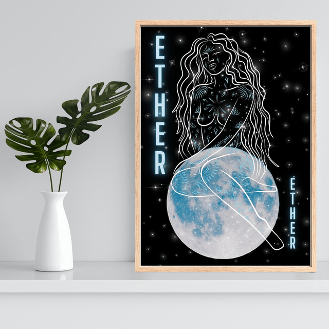Impression Art Linéaire Féminin Élément Éther - Assise sur le Sommet du Monde / Ether Element Female Line Art Print - Sitting on Top of the World