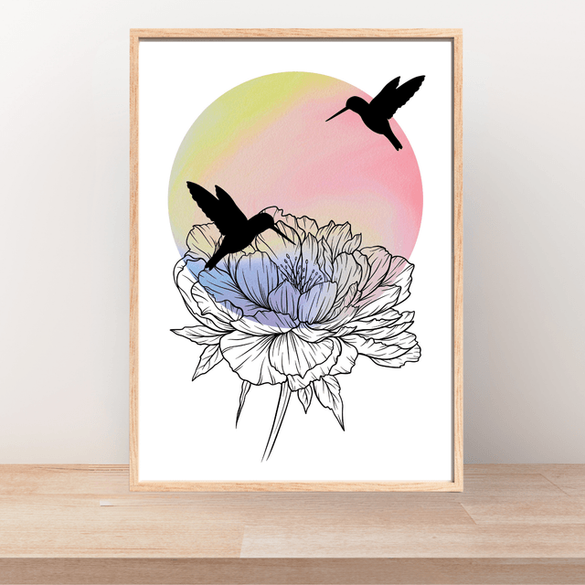 Impression Deux Colibris en Silhouette sur une Fleur - Décoration Murale Nature / Two Hummingbirds Meeting on a Flower Art Print - Nature Wall Decor