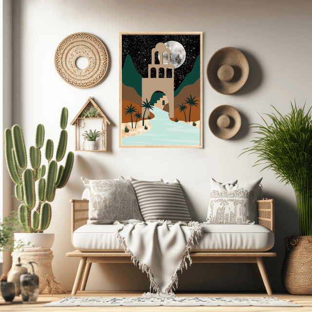 Impression d'Art Oasis du Désert au Clair de Lune – Décoration Murale Nocturne  / Moonlit Desert Oasis Art Print – Nighttime Scenic Wall Decor 