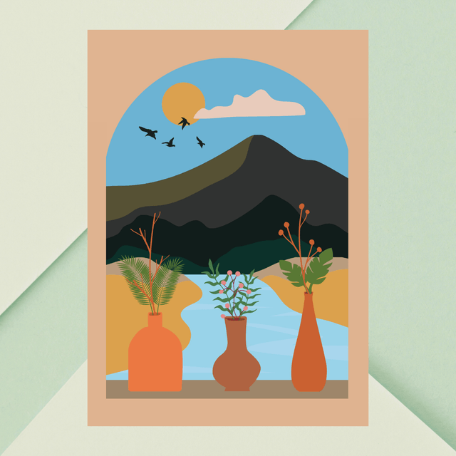Impression d'Art Paysage Bohème de Rivière Vue de Fenêtre / Window View Boho River Landscape Art Print – Tranquil Nature Decor 