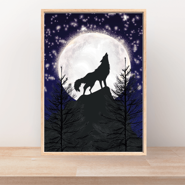 Impression de Loup Hurlant à la Pleine Lune - Décoration Murale Nocturne / Howling Wolf Under the Full Moon Print - Nocturnal Wall Decor