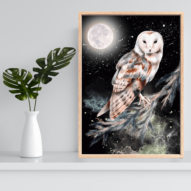 Impression Hibou sur Branche - Nuit Étoilée - Décoration Murale Nocturne / Owl on Branch - Starlit Night Print - Nocturnal Wall Decor