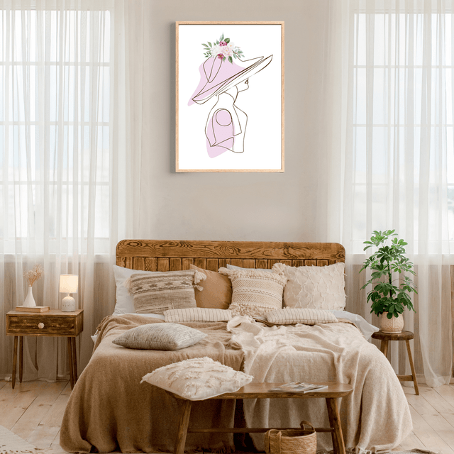  Élégant Art Linéaire Rose Pastel - Dame au Chapeau - Art Mural Moderne / Elegant Pastel Pink Line Art - Lady in Hat - Modern Wall Art 