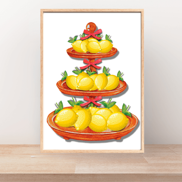 Impression d'Art Plateau de Citrons avec Ruban Rouge - Décoration Maison Stylée  / Red Ribbon Lemons Tray Art Print - Stylish Home Decor 
