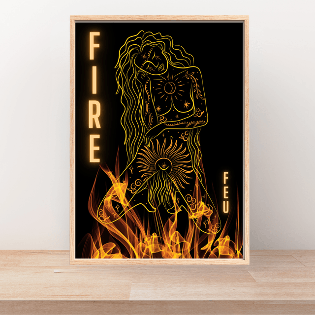 Impression Art Linéaire Féminin Élément Feu - Femme Enveloppée de Flammes / Fire Element Female Line Art Print - Woman Surrounded by Flames