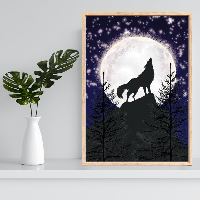Impression de Loup Hurlant à la Pleine Lune - Décoration Murale Nocturne / Howling Wolf Under the Full Moon Print - Nocturnal Wall Decor