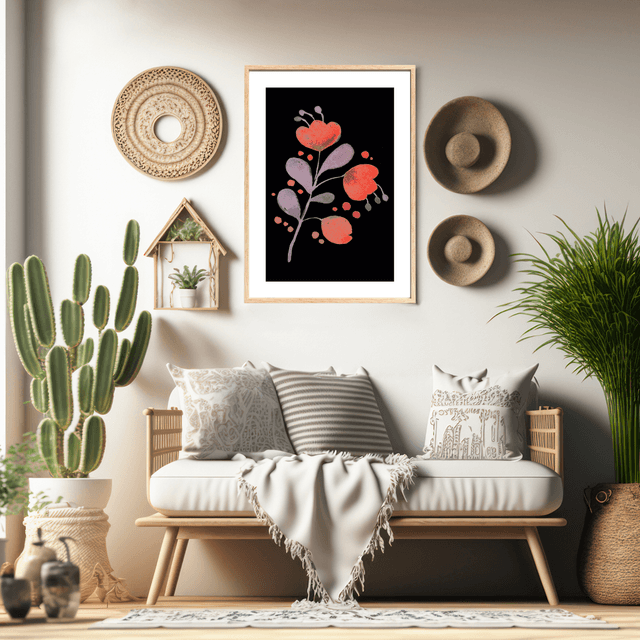 Impression Fleurs Aquarelle Rouge sur Fond Noir - Décoration Murale Botanique / Red Watercolor Flowers on Black Background - Botanical Wall Decor