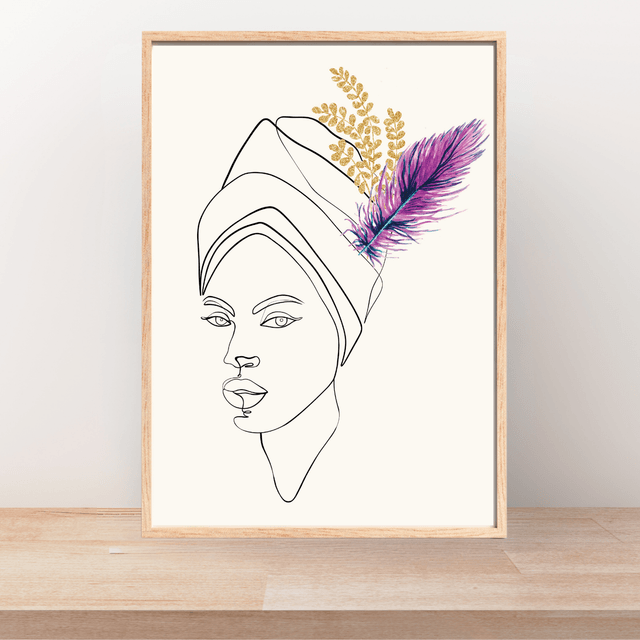 Impression d'Art en Ligne avec Plume Violette et Tiges Florales Dorées / Elegant Femme: Line Art Print with Purple Feather and Gold Floral Accents