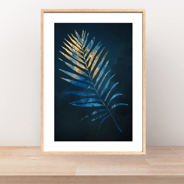 Impression Feuille de Palmier Dorée & Bleue - Décoration Murale Tropicale / Golden & Blue Palm Leaf Art Print - Tropical Wall Decor