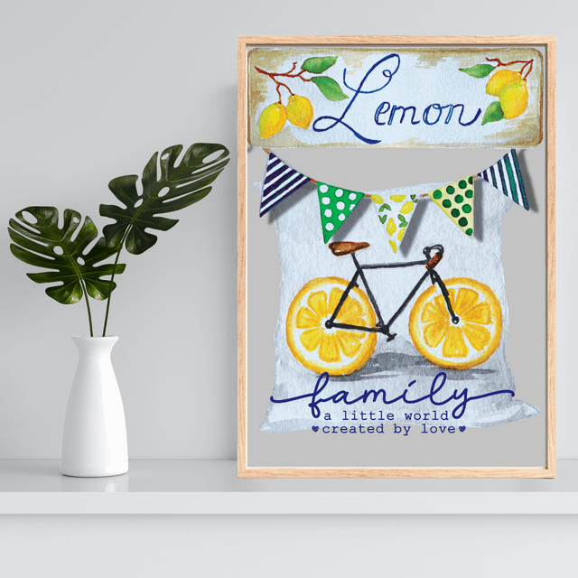 Impression d'Art Typographique Vélo Citron - Citations sur la Famille / Lemon Slice Bike Typography Art Print - Family Quotes