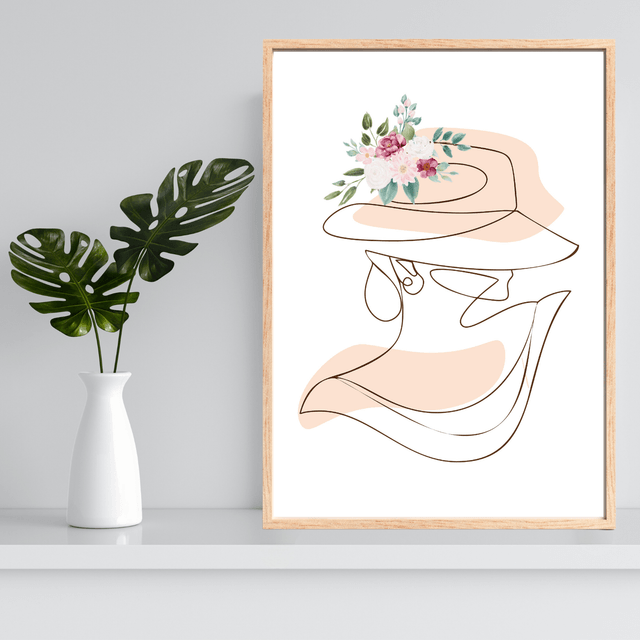 Élégant Art Linéaire Beige - Dame au Chapeau Floral - Art Mural Moderne / Elegant Beige Line Art - Floral Hat Lady - Modern Wall Art  