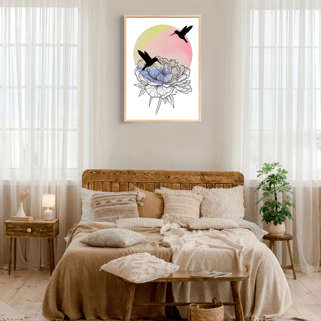 Impression Deux Colibris en Silhouette sur une Fleur - Décoration Murale Nature / Two Hummingbirds Meeting on a Flower Art Print - Nature Wall Decor