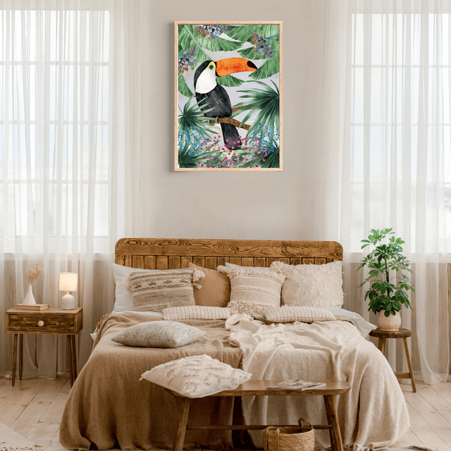 Impression de Toucan sur une Branche avec Feuilles Tropicales - Décoration Exotique / Toucan on a Branch with Tropical Leaves Art Print - Exotic Decor