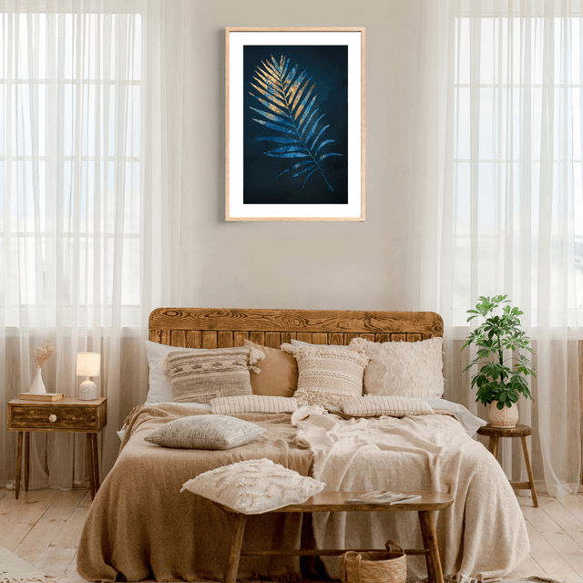 Impression Feuille de Palmier Dorée & Bleue - Décoration Murale Tropicale / Golden & Blue Palm Leaf Art Print - Tropical Wall Decor