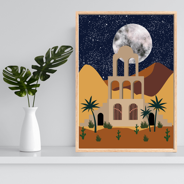 Impression d'Oasis du Désert à la Lumière de la Lune - Décoration Scénique Nocturne /Moonlit Desert Oasis Art Print – Nighttime Scenic Wall Decor 