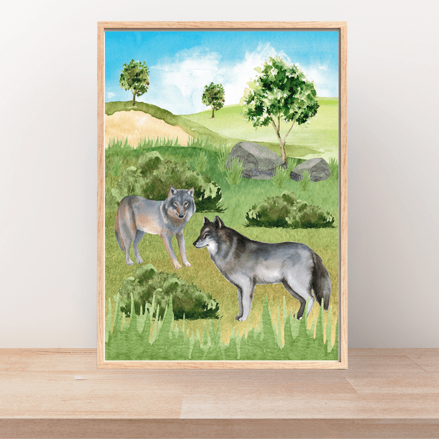 Impression de Loups Gris Jouant dans les Collines - Décoration Murale Nature / Playful Gray Wolves in the Hills Print - Nature Wall Decor