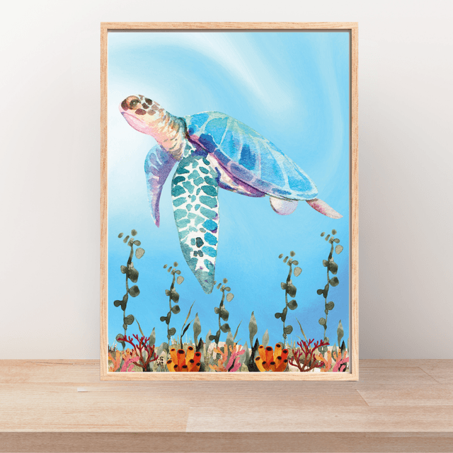 Impression de Tortue de Mer dans le Récif Corallien - Décoration Murale Marine / Sea Turtle in Coral Reef Art Print - Marine Wall Decor