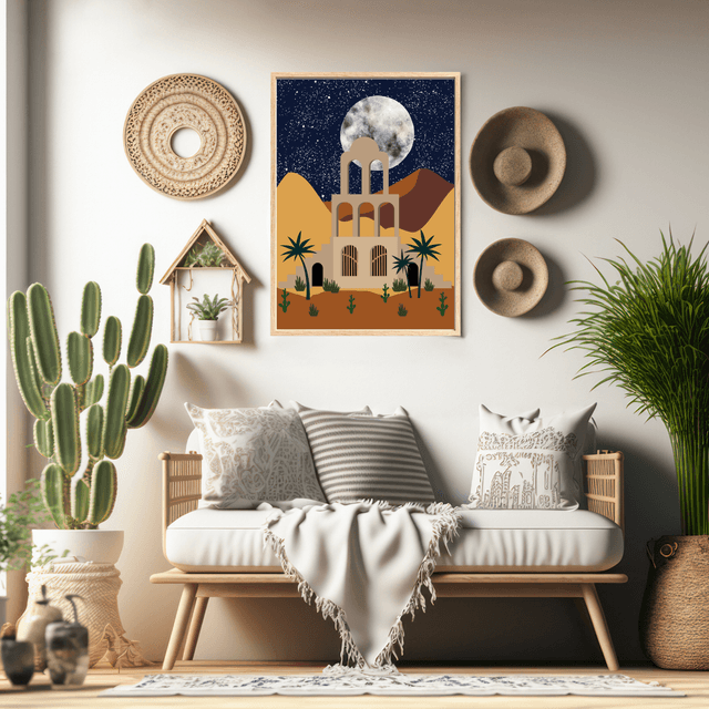 Impression d'Oasis du Désert à la Lumière de la Lune - Décoration Scénique Nocturne /Moonlit Desert Oasis Art Print – Nighttime Scenic Wall Decor 