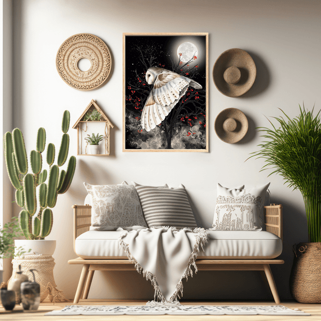 Impression Hibou en Vol dans une Nuit Étoilée Illuminée par la Lune -Deco Nocturne / Flying Owl in a Moonlit Starry Night Print - Nocturnal Decor